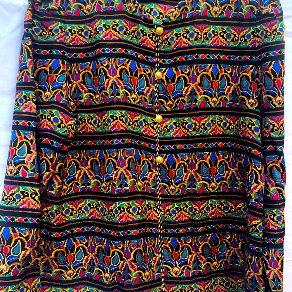 Maggie London Button Front Multicolored Silk Blouse
